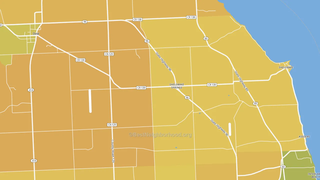 Map of the best neighborhoods in the Sheldrake Springs area, with better matches in green and worse matches in red