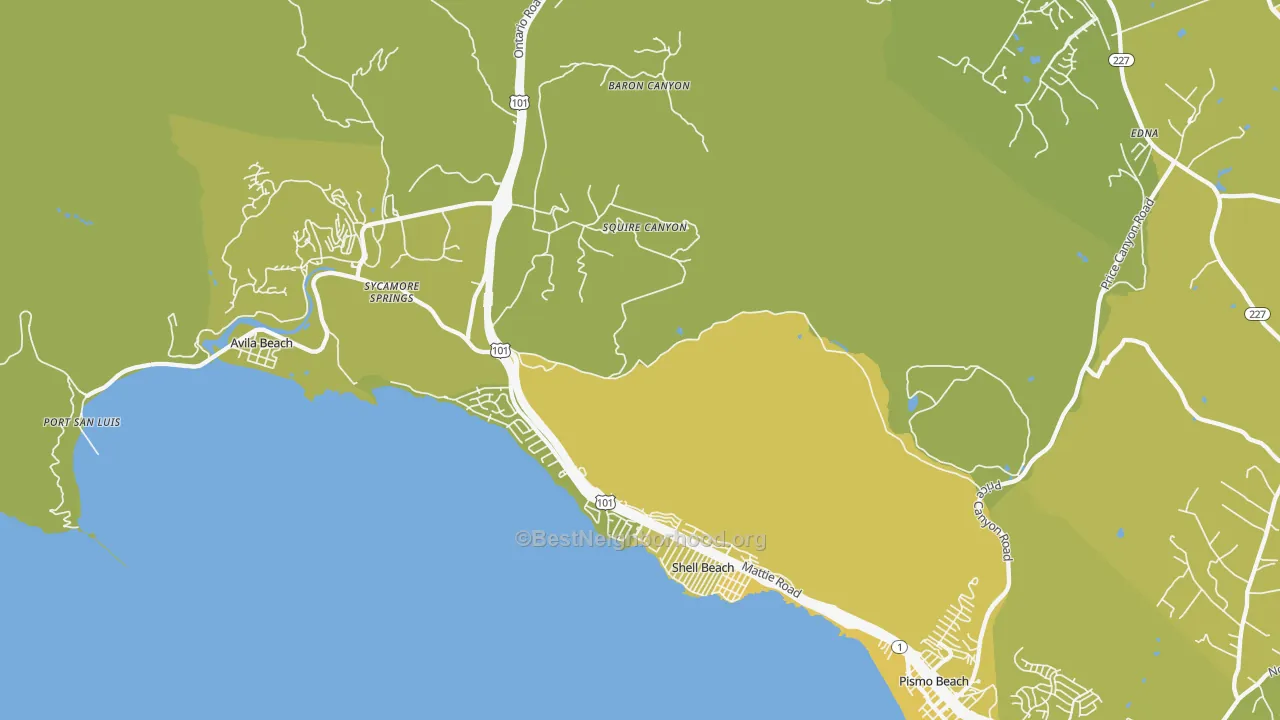 Map of the best neighborhoods in the Shell Beach area, with better matches in green and worse matches in red