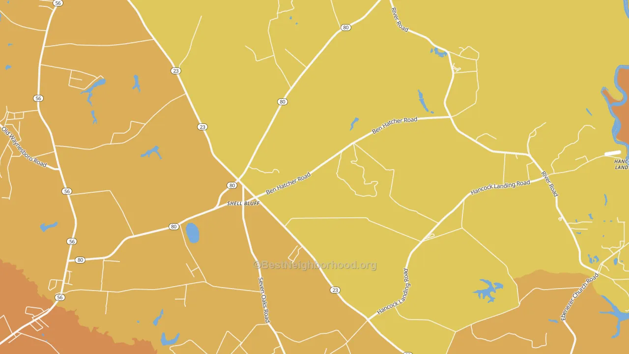 Map of the best neighborhoods in the Shell Bluff area, with better matches in green and worse matches in red