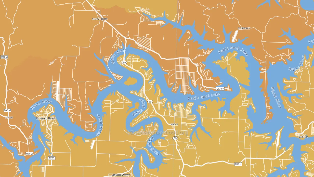 Map of the best neighborhoods in the Shell Knob area, with better matches in green and worse matches in red