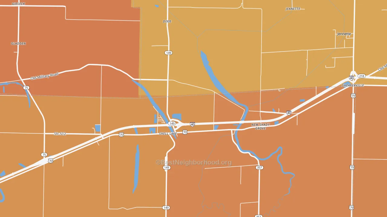 Map of the best neighborhoods in the Shell Lake area, with better matches in green and worse matches in red