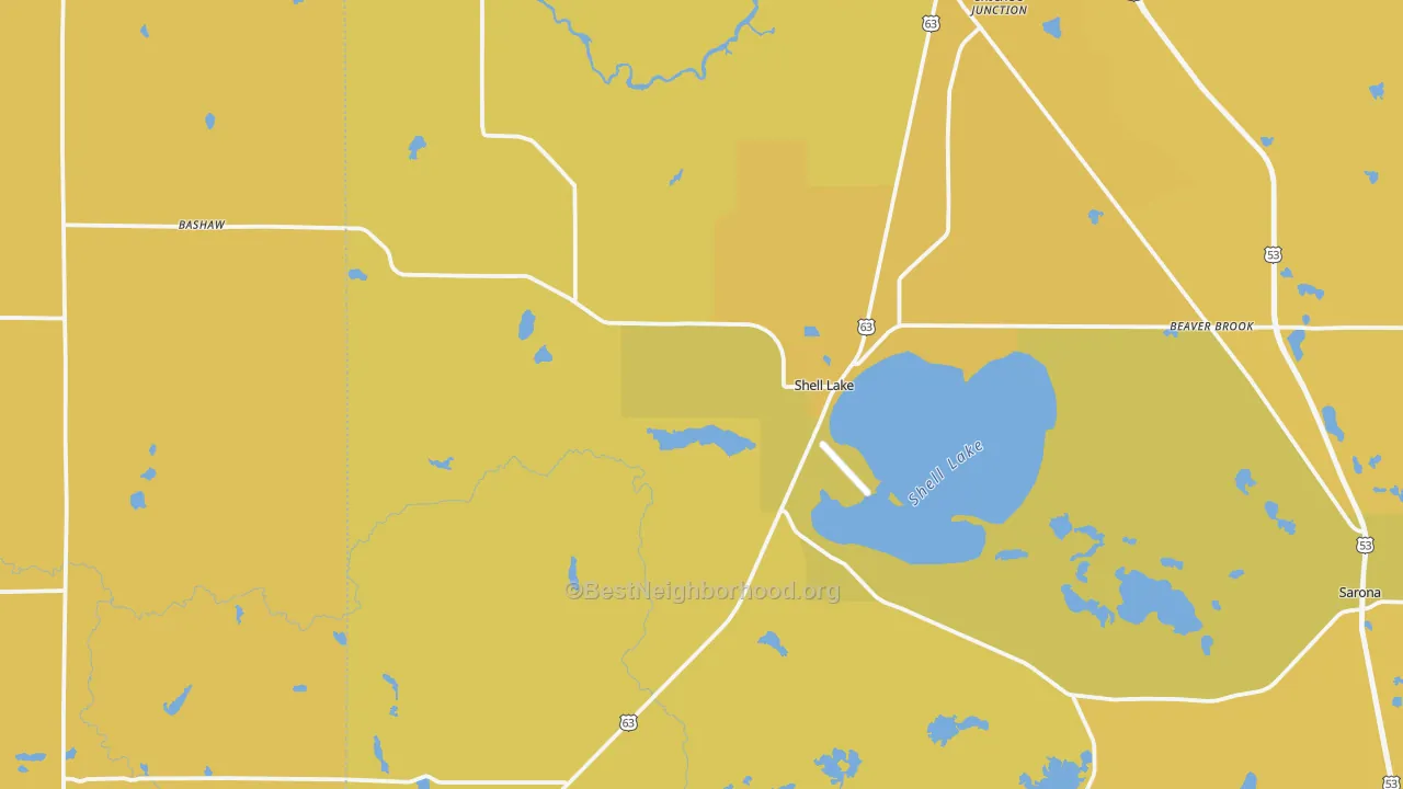 Map of the best neighborhoods in the Shell Lake area, with better matches in green and worse matches in red