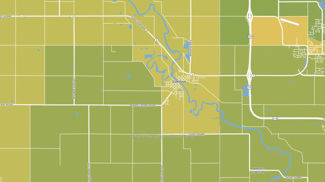 Map of the best neighborhoods in the Shell Rock area, with better matches in green and worse matches in red