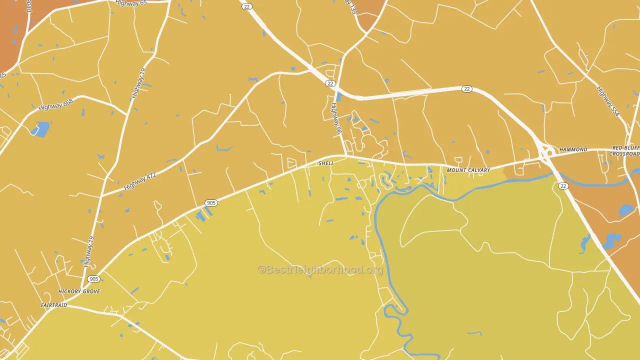 Map of the best neighborhoods in the Shell area, with better matches in green and worse matches in red