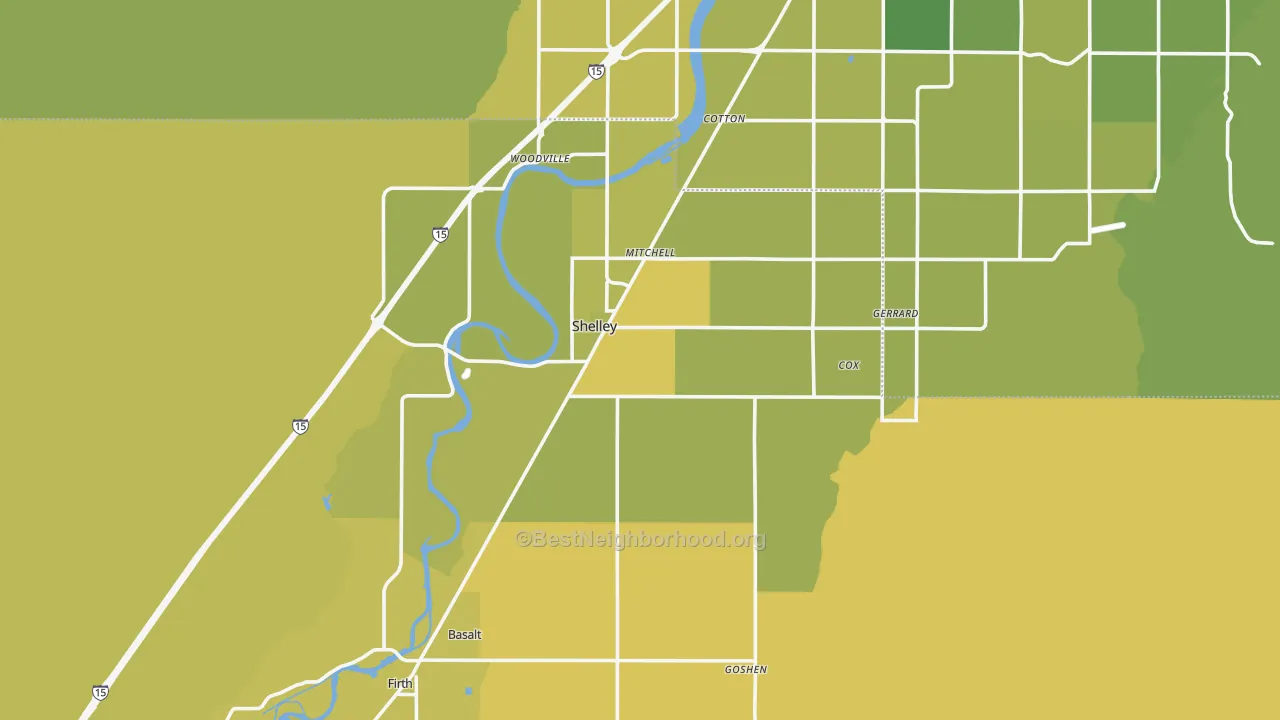Map of the best neighborhoods in the Shelley area, with better matches in green and worse matches in red