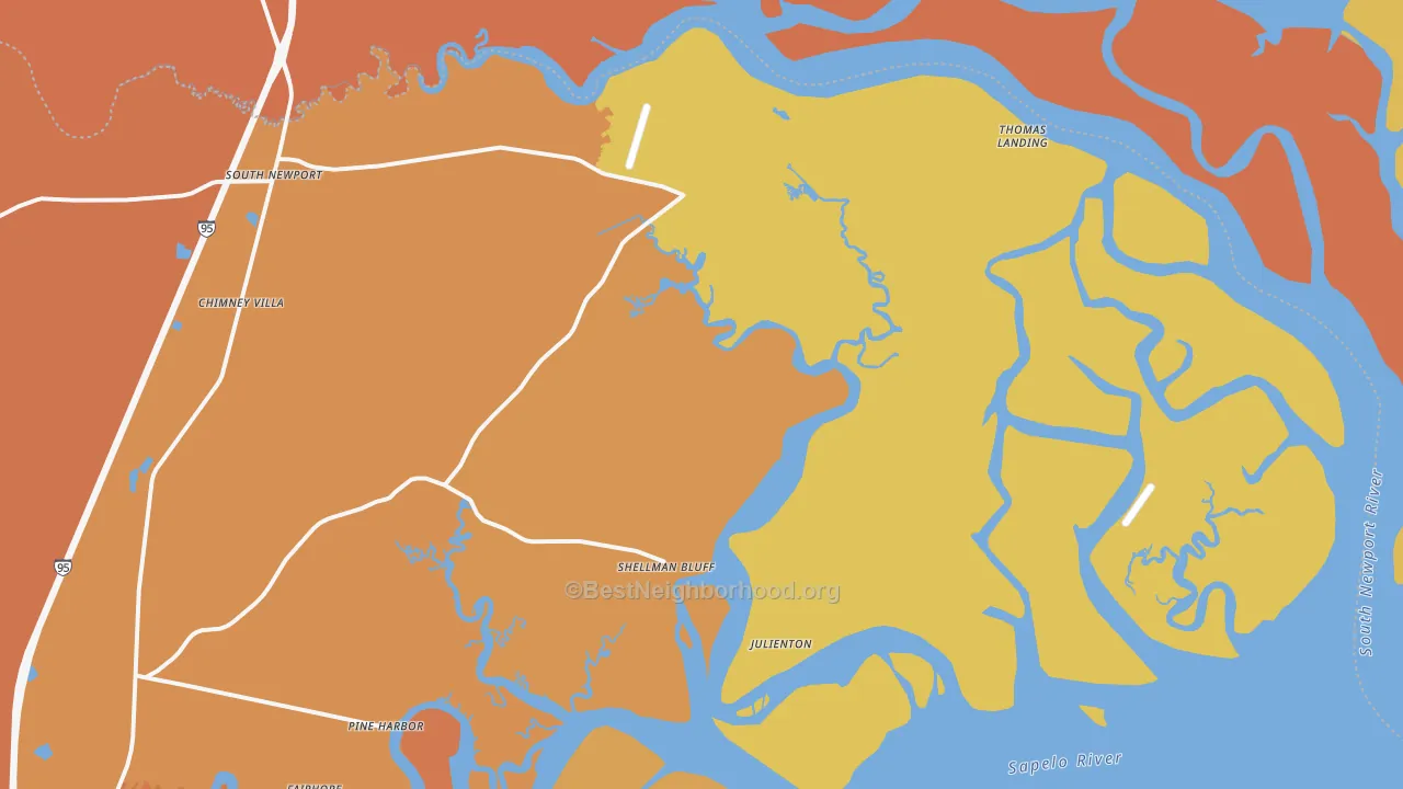 Map of the best neighborhoods in the Shellman Bluff area, with better matches in green and worse matches in red