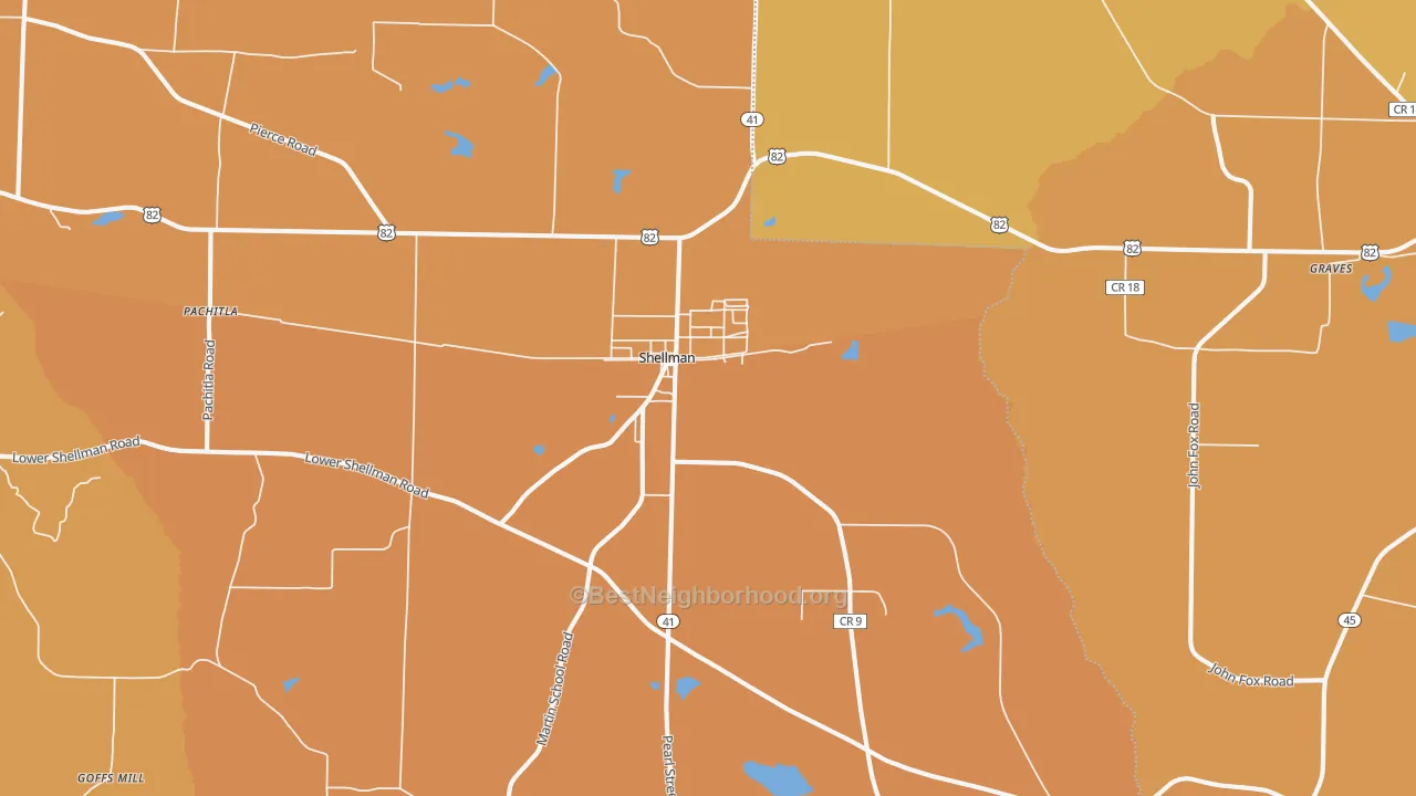 Map of the best neighborhoods in the Shellman area, with better matches in green and worse matches in red