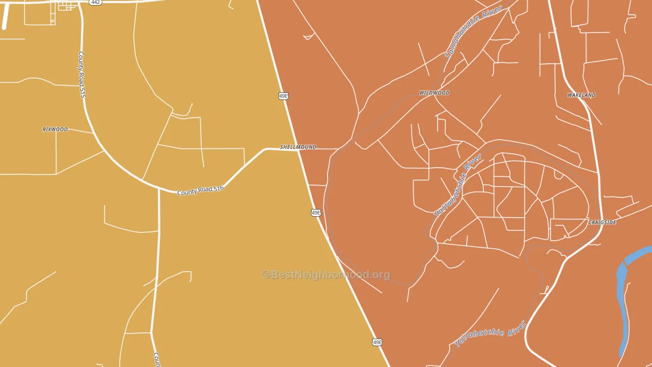 Map of the best neighborhoods in the Shellmound area, with better matches in green and worse matches in red