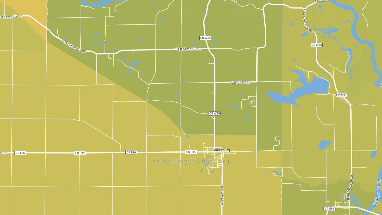 Map of the best neighborhoods in the Shellsburg area, with better matches in green and worse matches in red