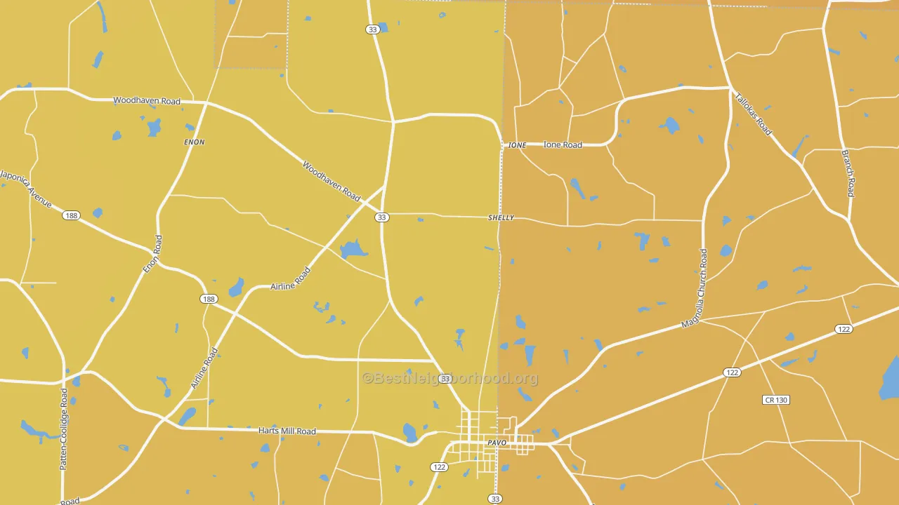 Map of the best neighborhoods in the Shelly area, with better matches in green and worse matches in red