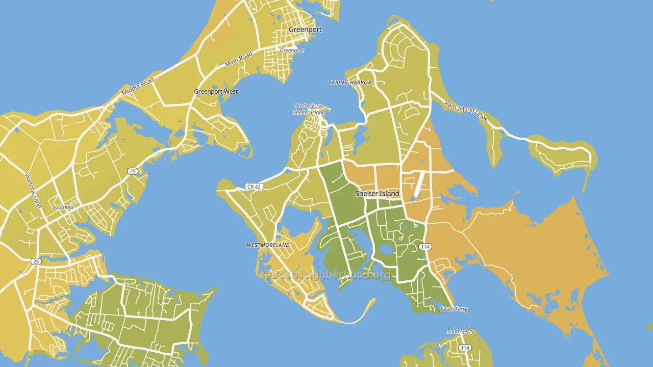 Map of the best neighborhoods in the Shelter Island Heights area, with better matches in green and worse matches in red