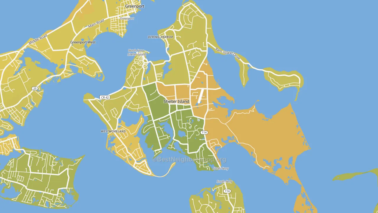 Map of the best neighborhoods in the Shelter Island area, with better matches in green and worse matches in red