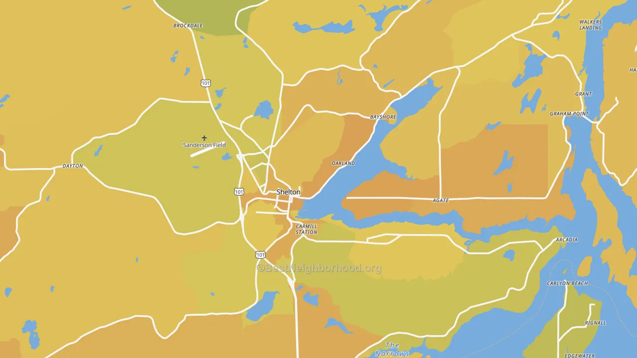 Map of the best neighborhoods in the Shelton area, with better matches in green and worse matches in red