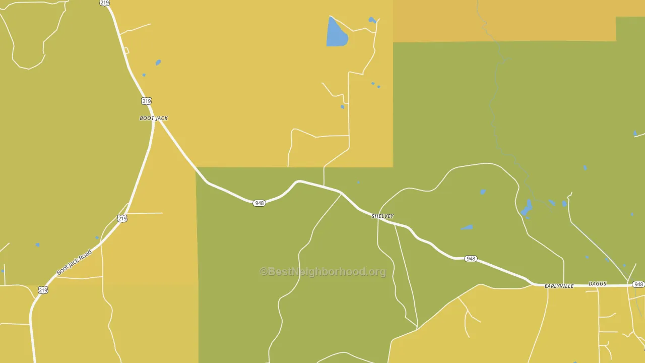 Map of the best neighborhoods in the Shelvey area, with better matches in green and worse matches in red