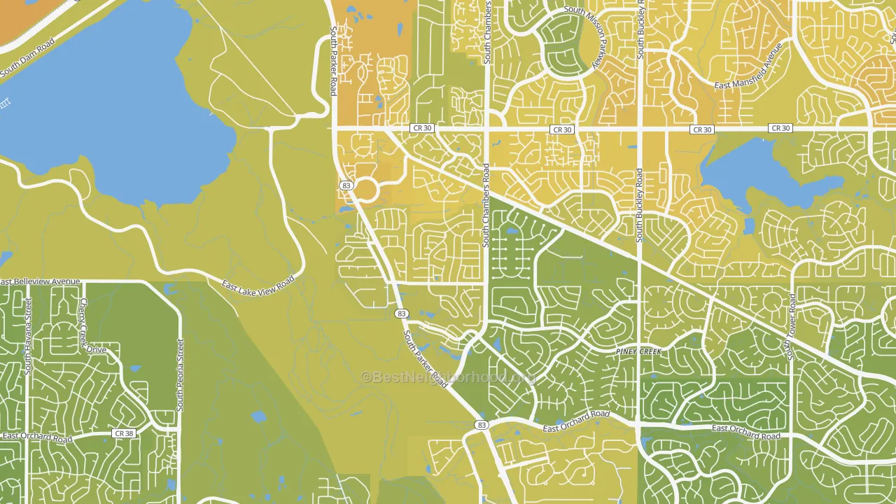 Map of the best neighborhoods in the Shenandoah, Aurora area, with better matches in green and worse matches in red