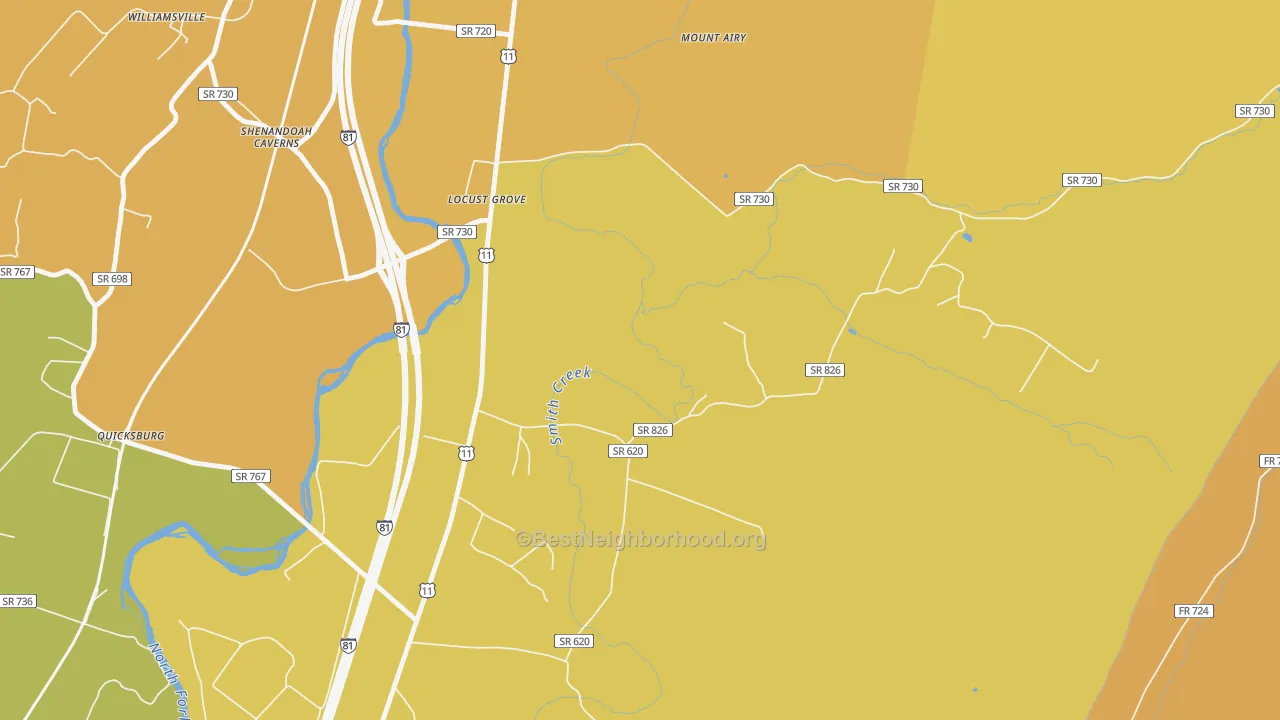Map of the best neighborhoods in the Shenandoah Caverns area, with better matches in green and worse matches in red