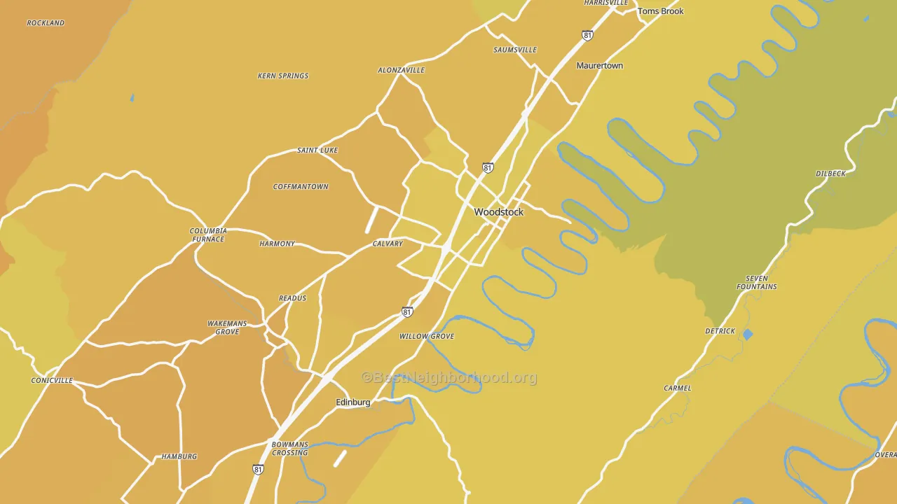 Map of the best neighborhoods in the Shenandoah County area, with better matches in green and worse matches in red