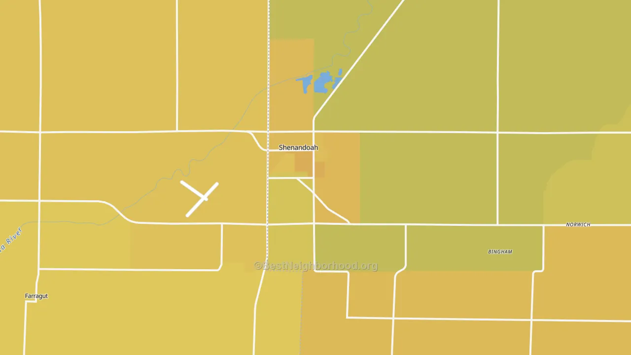 Map of the best neighborhoods in the Shenandoah area, with better matches in green and worse matches in red