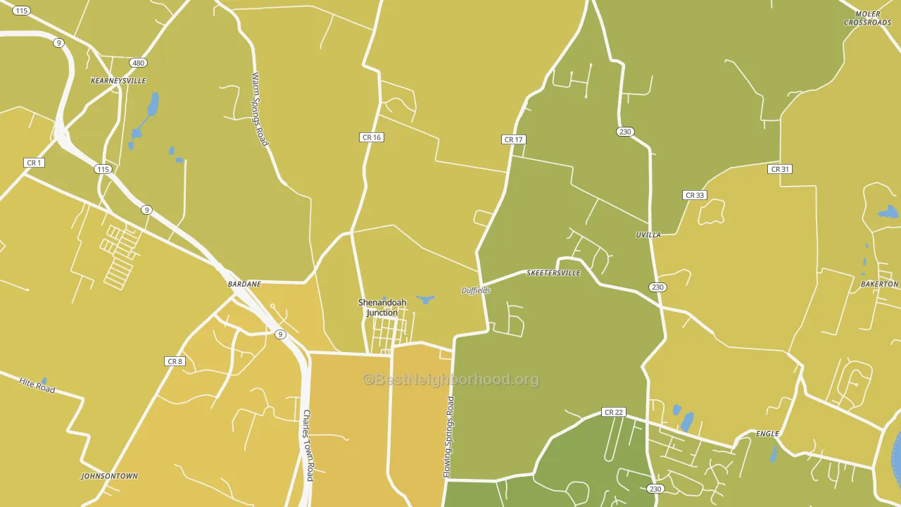 Map of the best neighborhoods in the Shenandoah Junction area, with better matches in green and worse matches in red