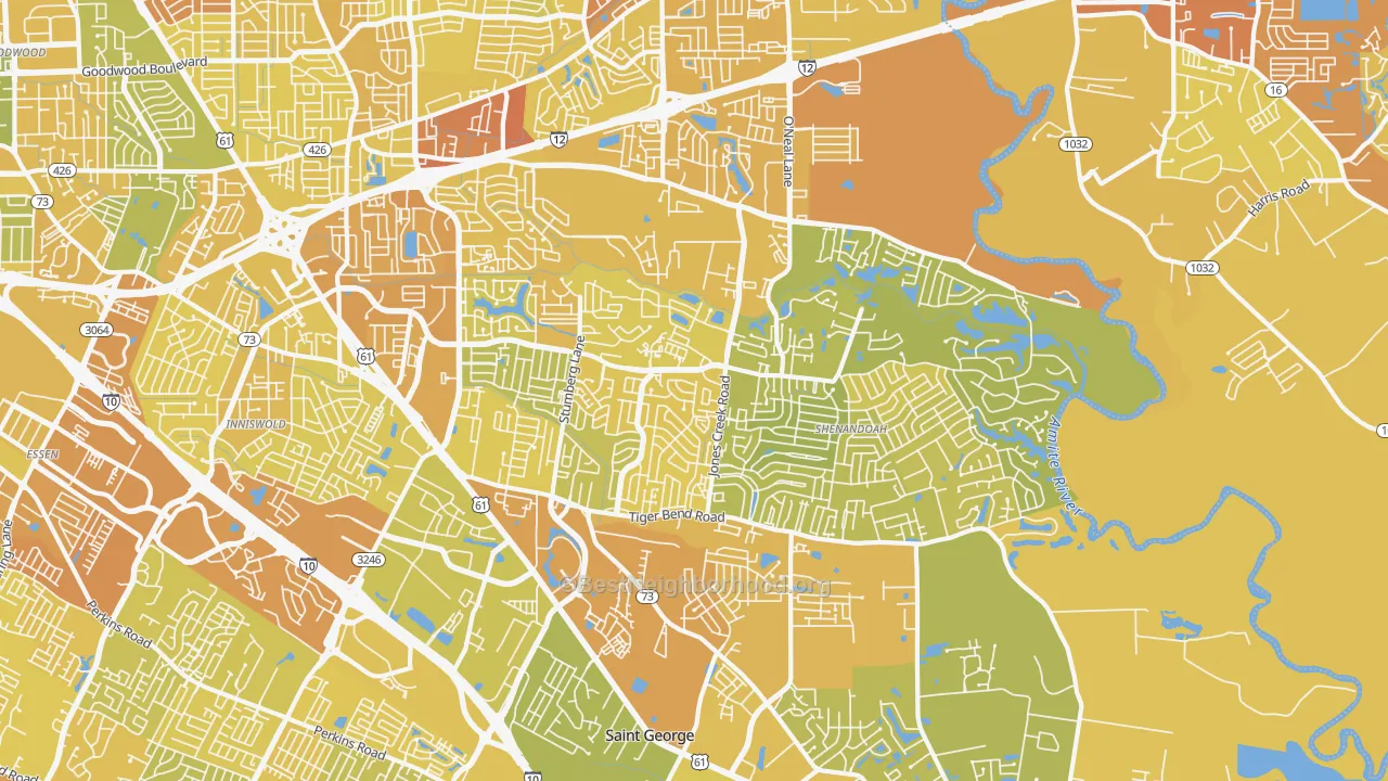 Map of the best neighborhoods in the Shenandoah area, with better matches in green and worse matches in red