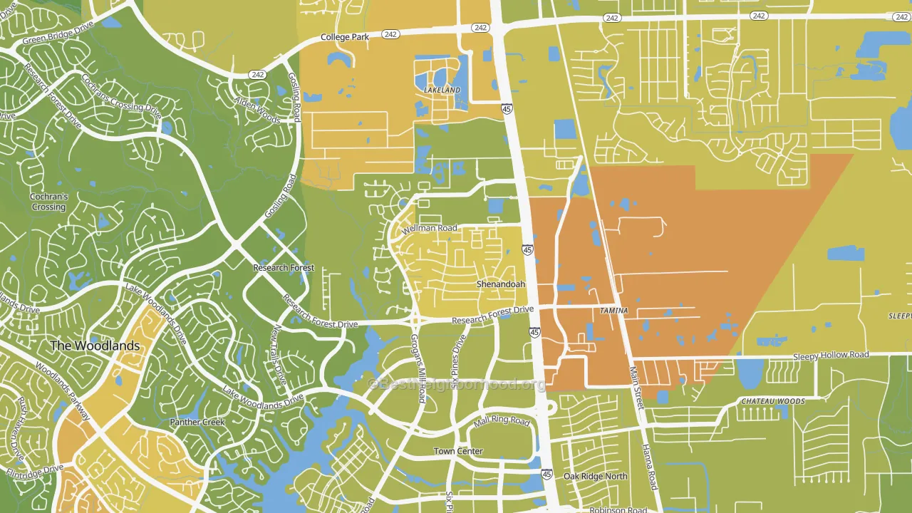 Map of the best neighborhoods in the Shenandoah area, with better matches in green and worse matches in red