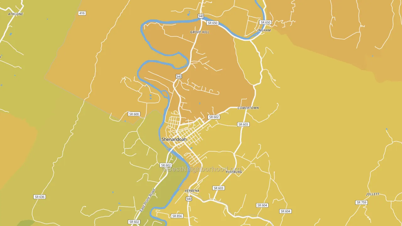 Map of the best neighborhoods in the Shenandoah area, with better matches in green and worse matches in red
