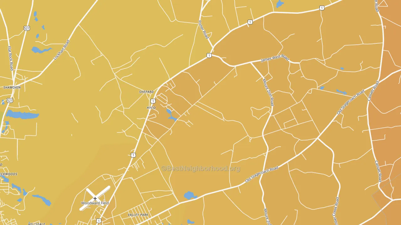 Map of the best neighborhoods in the Shepard area, with better matches in green and worse matches in red