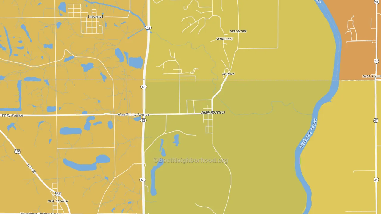Map of the best neighborhoods in the Shepardsville area, with better matches in green and worse matches in red