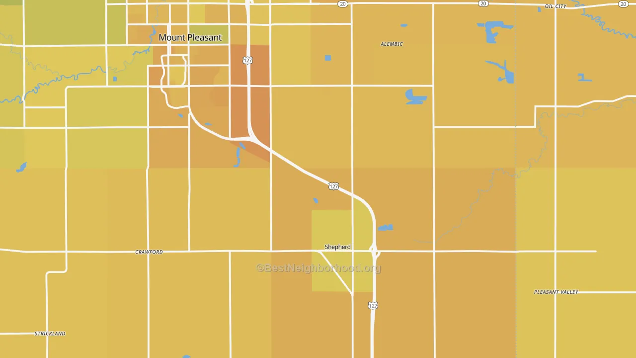 Map of the best neighborhoods in the Shepherd area, with better matches in green and worse matches in red