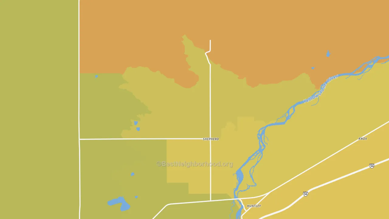 Map of the best neighborhoods in the Shepherd area, with better matches in green and worse matches in red