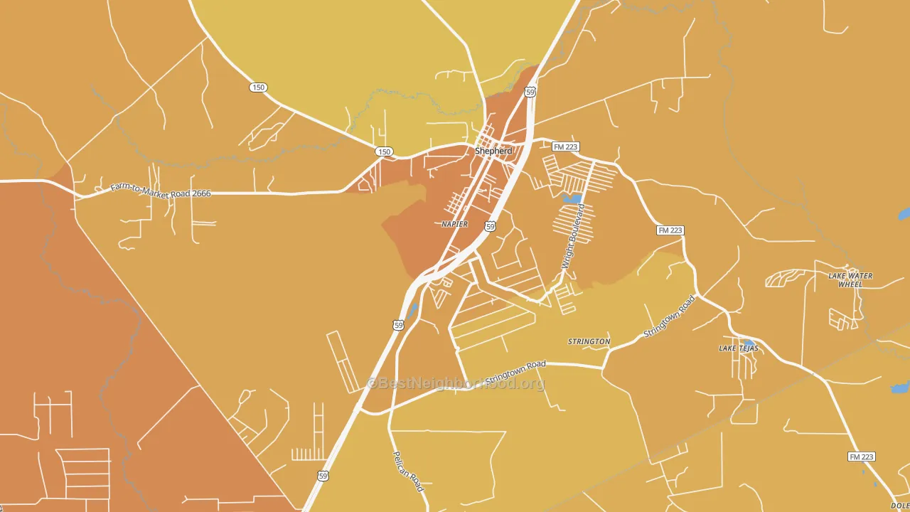 Map of the best neighborhoods in the Shepherd area, with better matches in green and worse matches in red