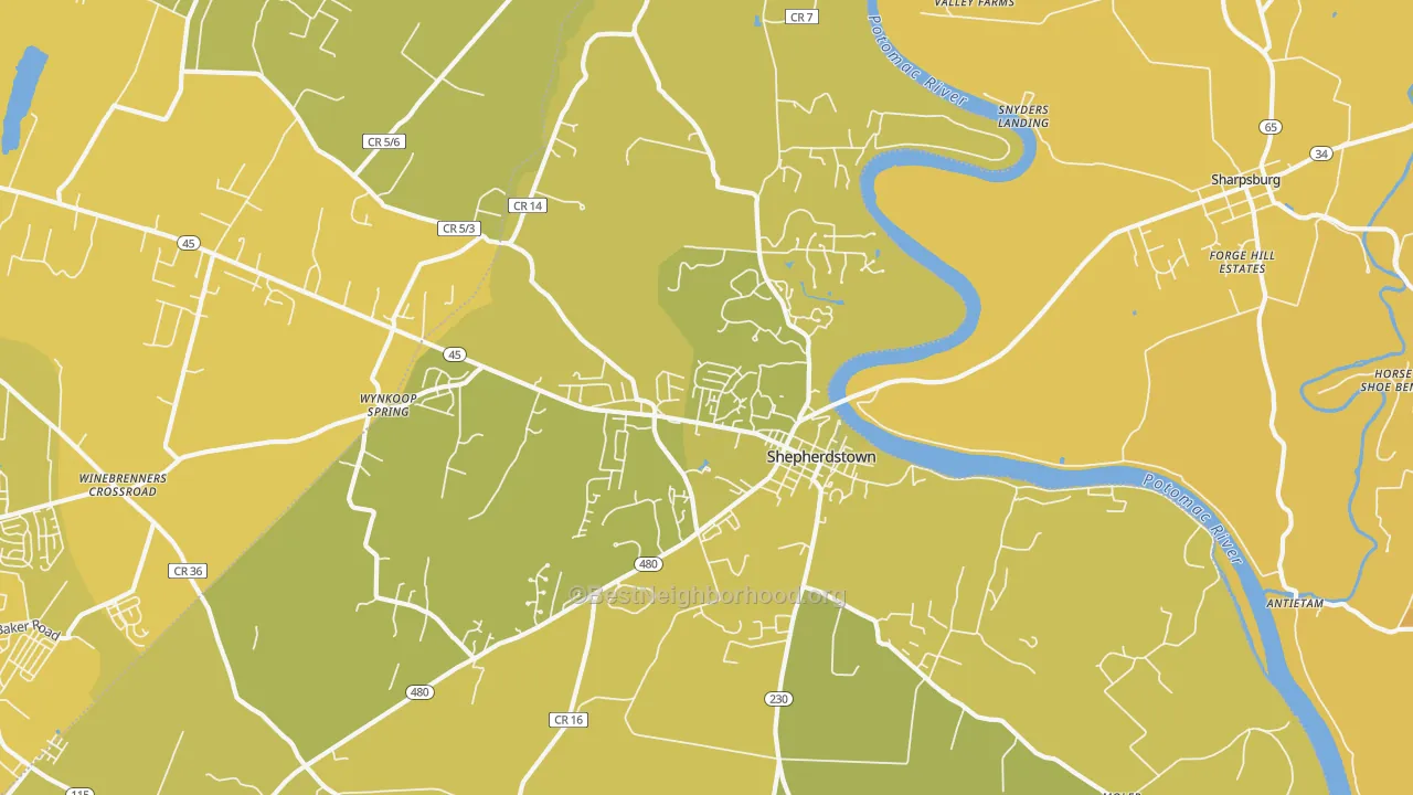 Map of the best neighborhoods in the Shepherdstown area, with better matches in green and worse matches in red