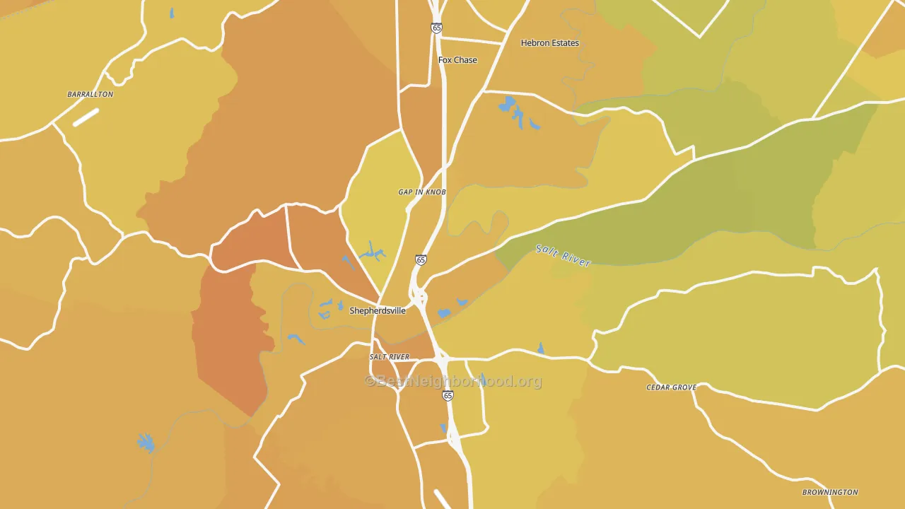 Map of the best neighborhoods in the Shepherdsville area, with better matches in green and worse matches in red