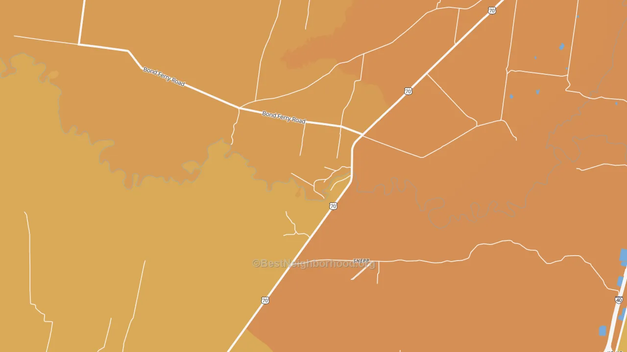 Map of the best neighborhoods in the Shepp area, with better matches in green and worse matches in red