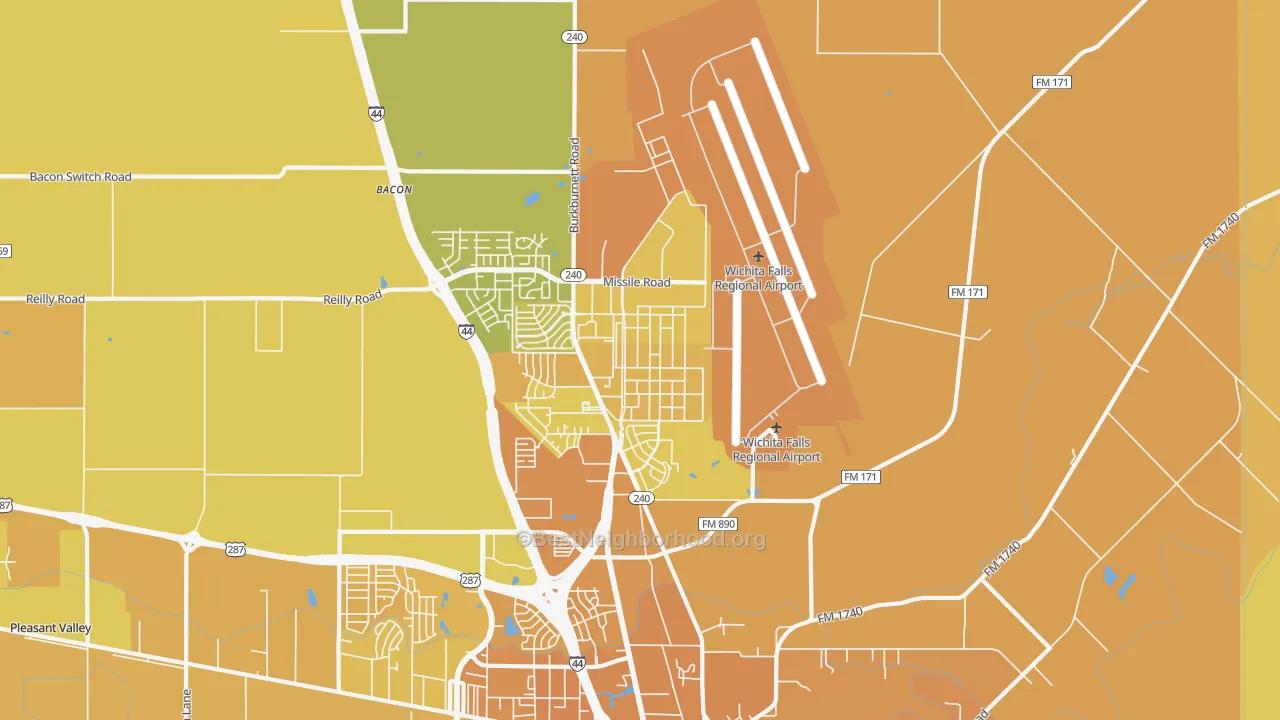 Map of the best neighborhoods in the Sheppard Afb area, with better matches in green and worse matches in red