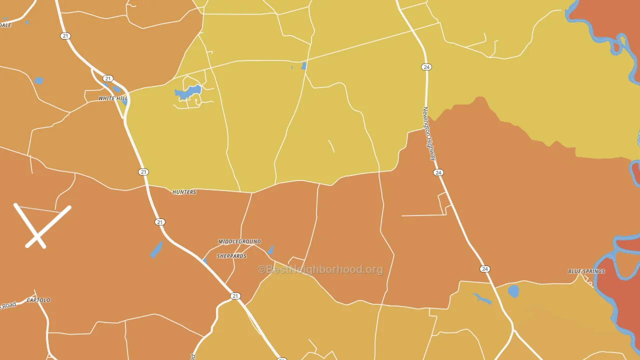 Map of the best neighborhoods in the Sheppards area, with better matches in green and worse matches in red