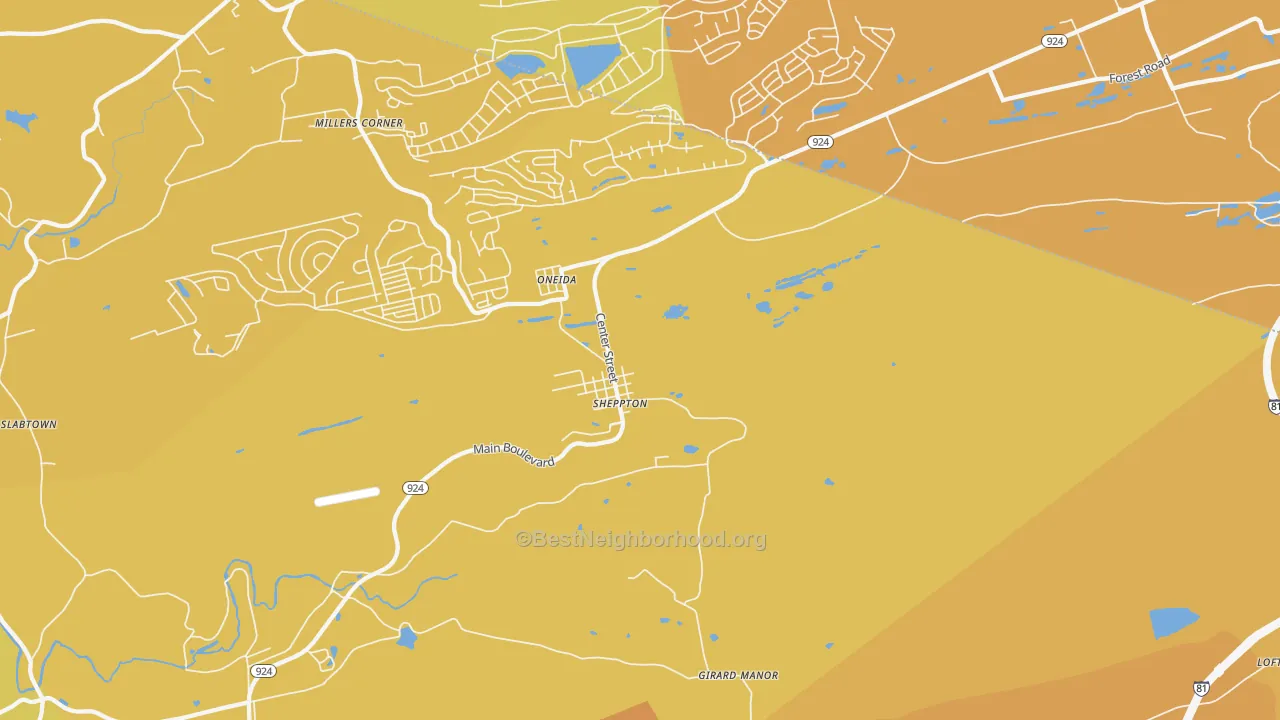 Map of the best neighborhoods in the Sheppton area, with better matches in green and worse matches in red