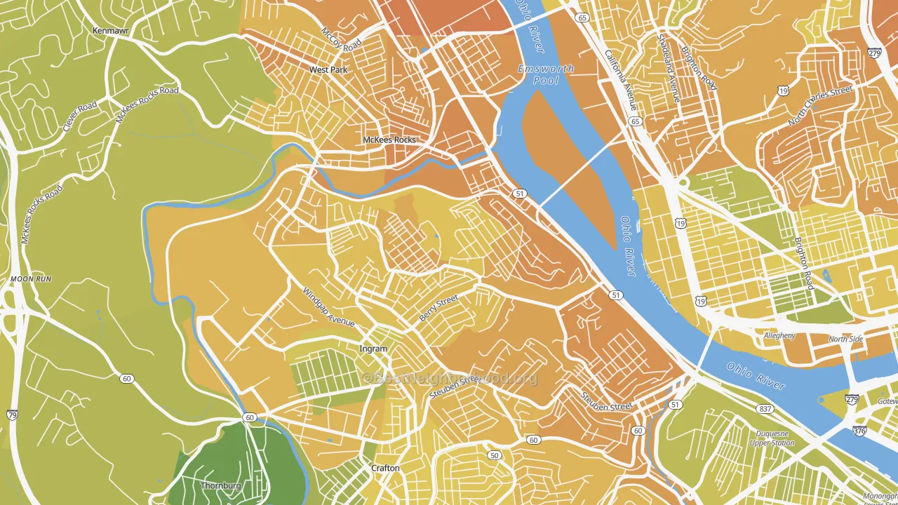 Map of the best neighborhoods in the Sheraden, Pittsburgh area, with better matches in green and worse matches in red