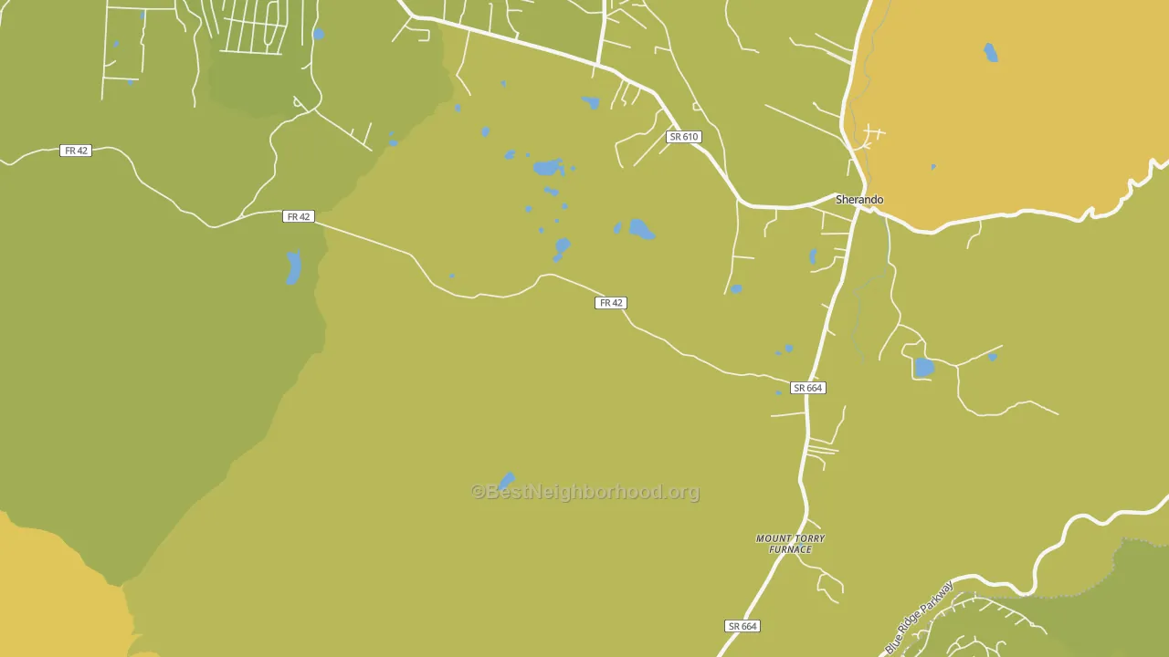 Map of the best neighborhoods in the Sherando area, with better matches in green and worse matches in red