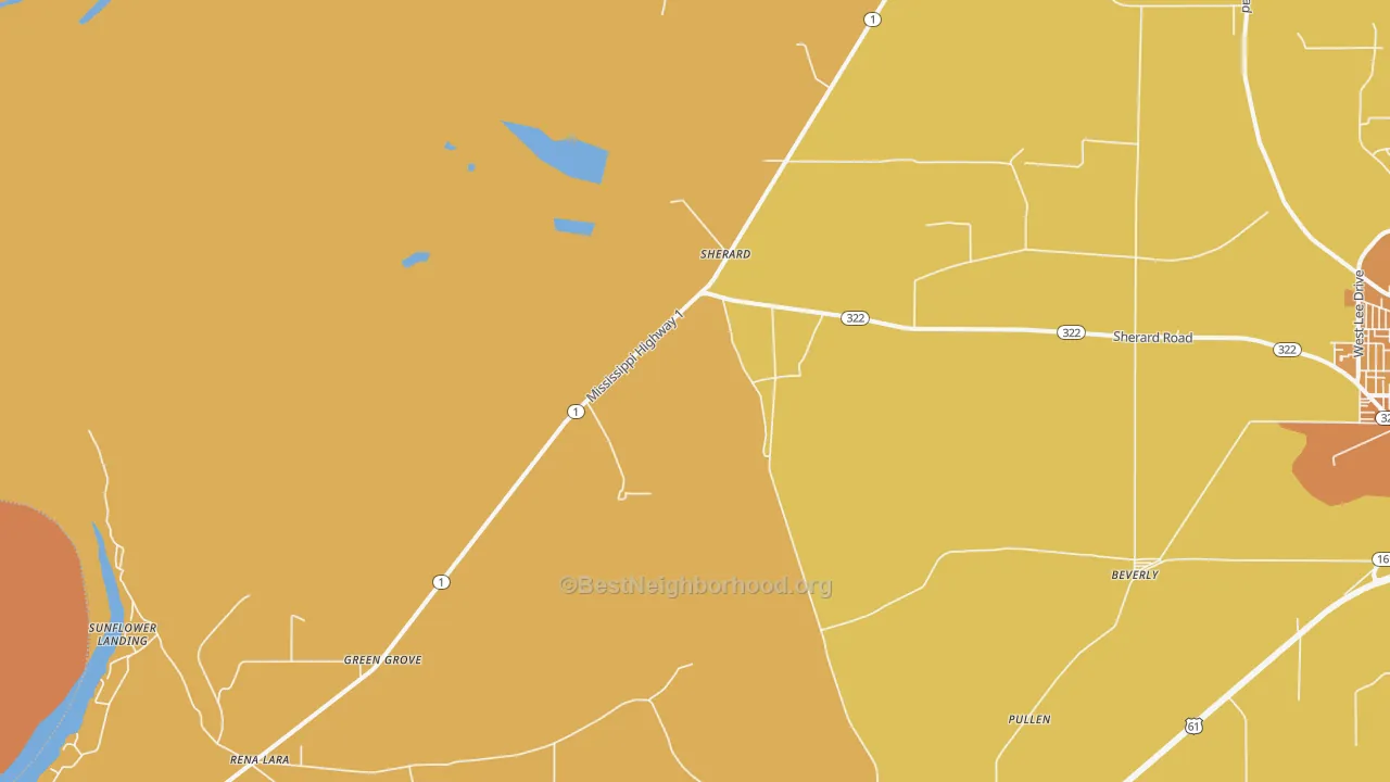 Map of the best neighborhoods in the Sherard area, with better matches in green and worse matches in red