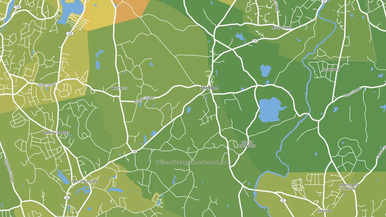 Map of the best neighborhoods in the Sherborn area, with better matches in green and worse matches in red