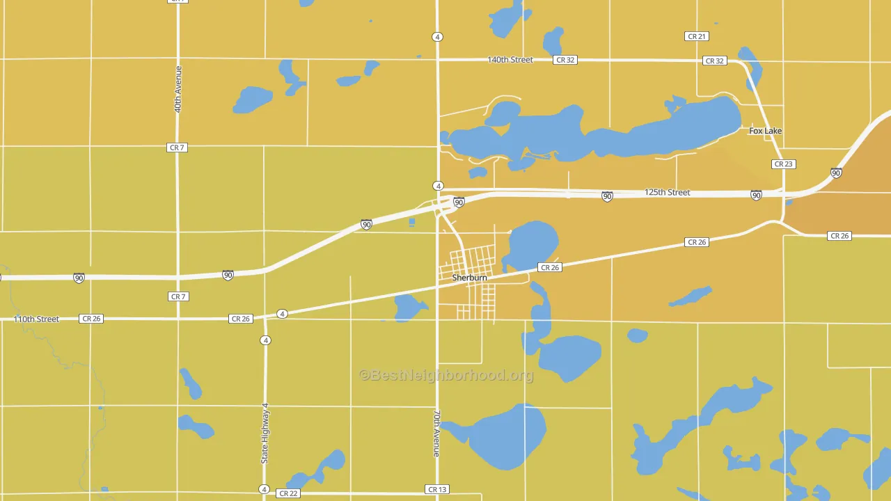 Map of the best neighborhoods in the Sherburn area, with better matches in green and worse matches in red
