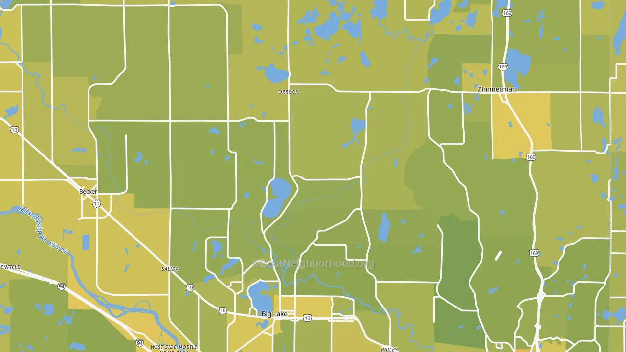 Map of the best neighborhoods in the Sherburne County area, with better matches in green and worse matches in red