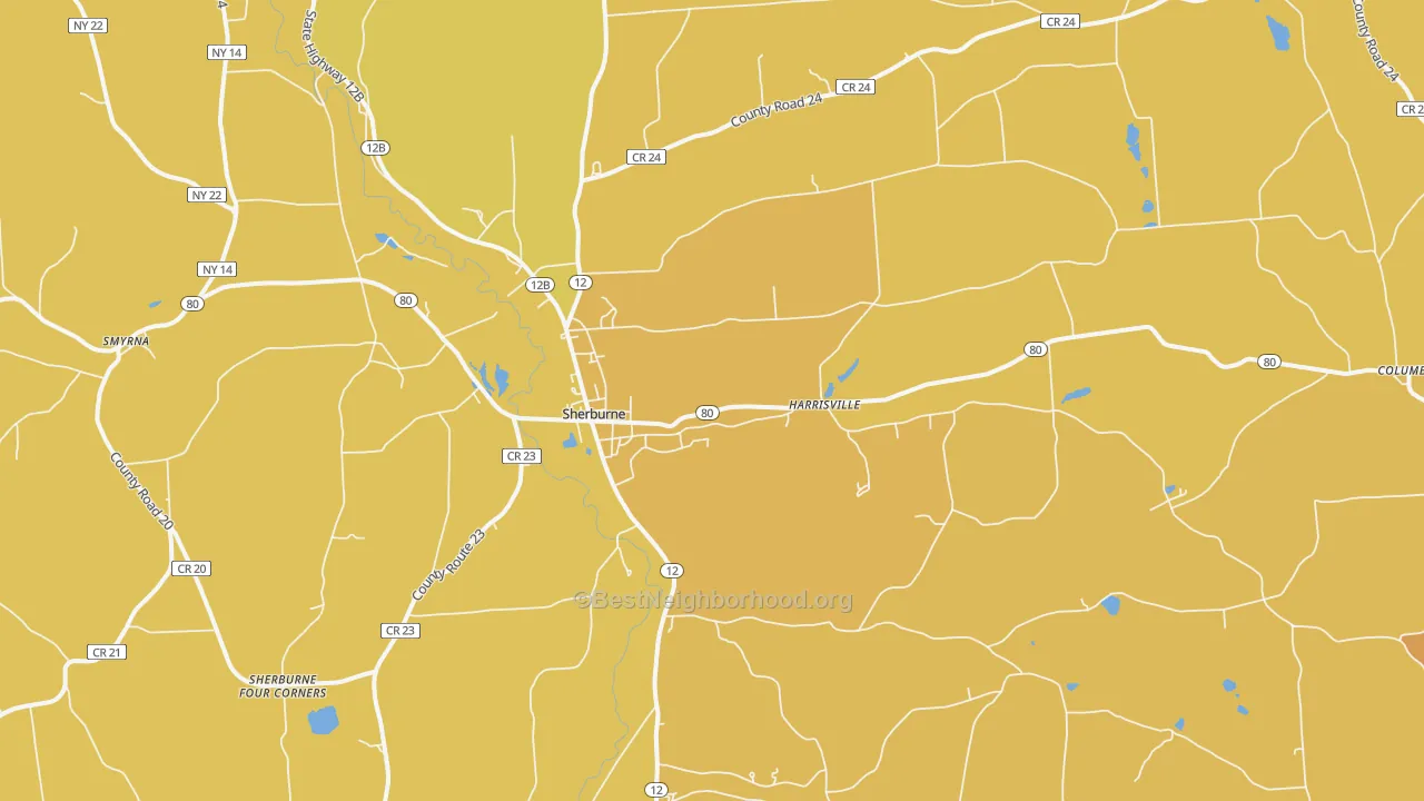 Map of the best neighborhoods in the Sherburne area, with better matches in green and worse matches in red