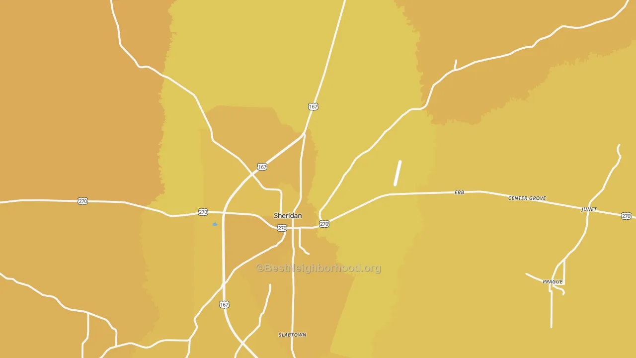 Map of the best neighborhoods in the Sheridan area, with better matches in green and worse matches in red