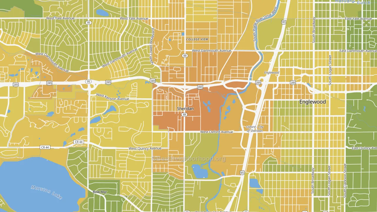 Map of the best neighborhoods in the Sheridan area, with better matches in green and worse matches in red