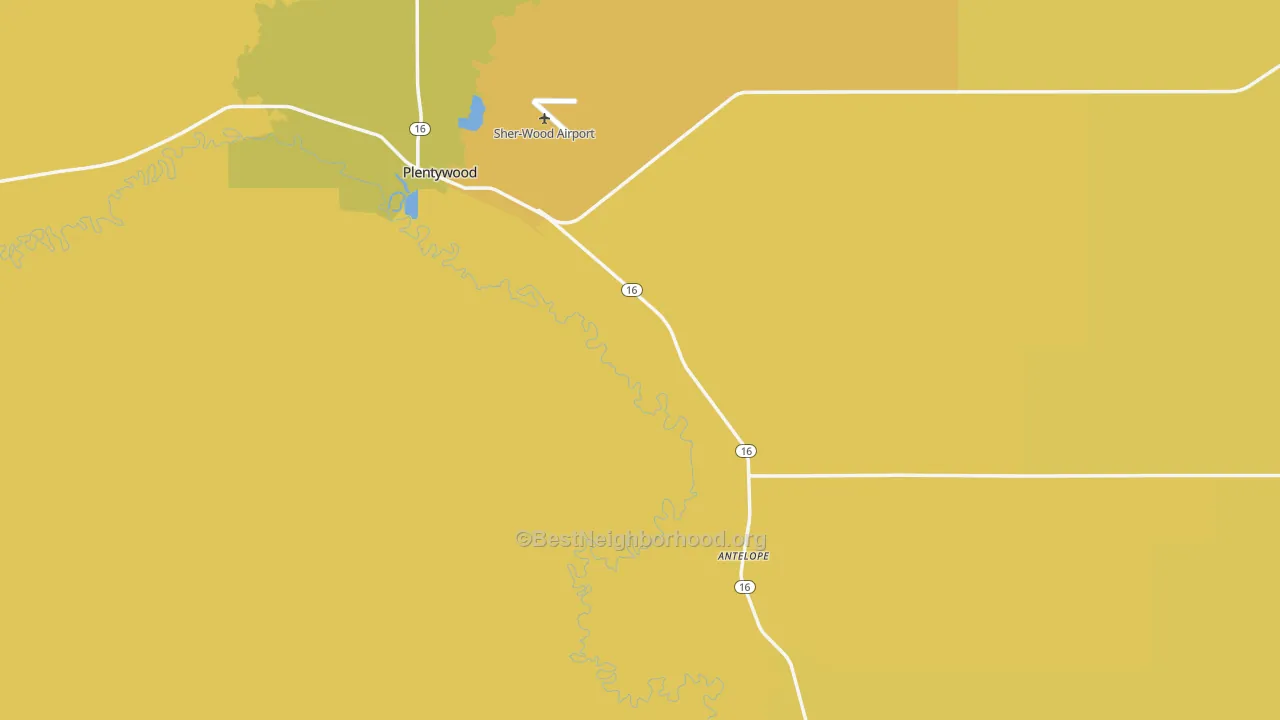 Map of the best neighborhoods in the Sheridan County area, with better matches in green and worse matches in red