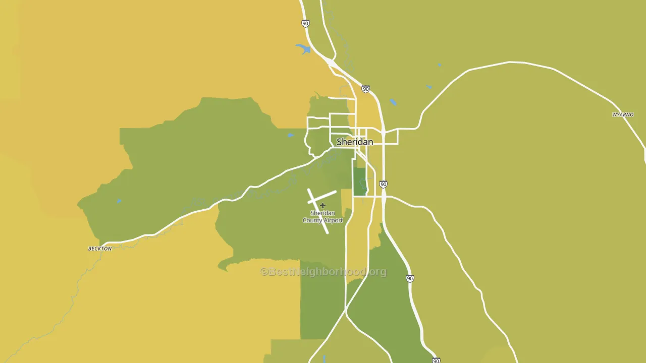 Map of the best neighborhoods in the Sheridan County area, with better matches in green and worse matches in red