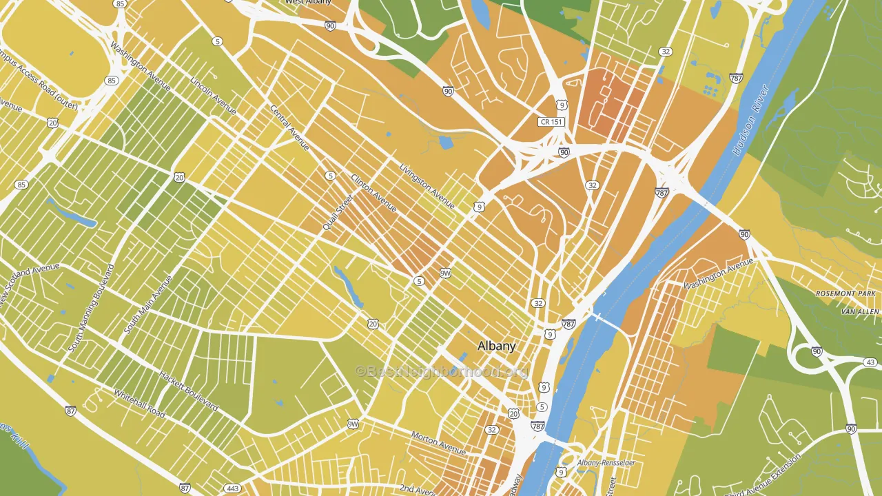 Map of the best neighborhoods in the Sheridan Hollow, Albany area, with better matches in green and worse matches in red