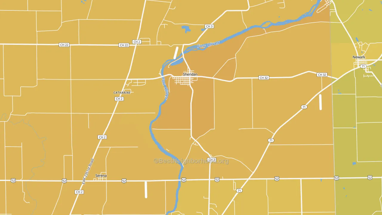 Map of the best neighborhoods in the Sheridan area, with better matches in green and worse matches in red